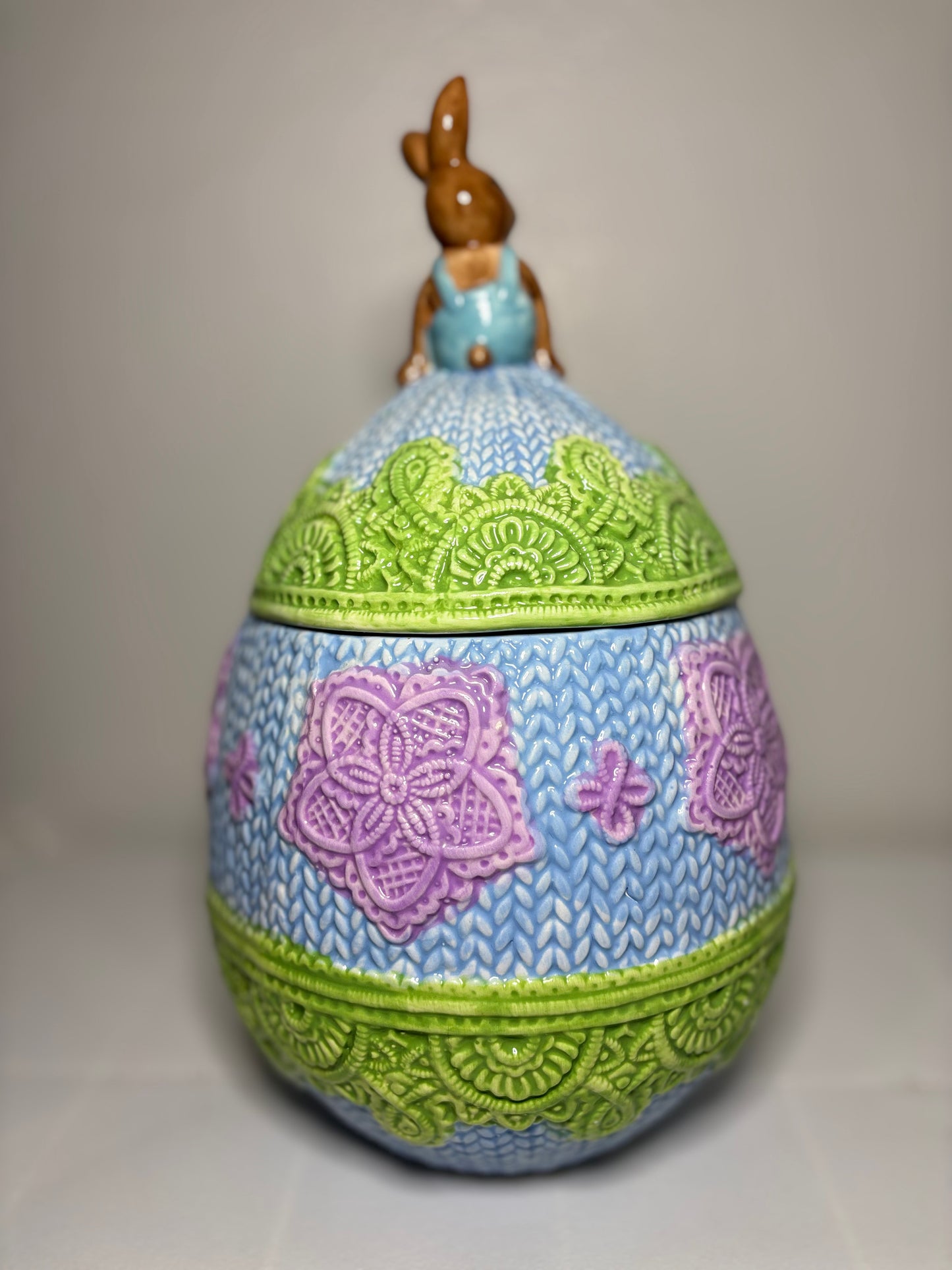 Whimsical Bunny on Knit-Patterned Egg – Spring Easter Décor – 11.5” Tall