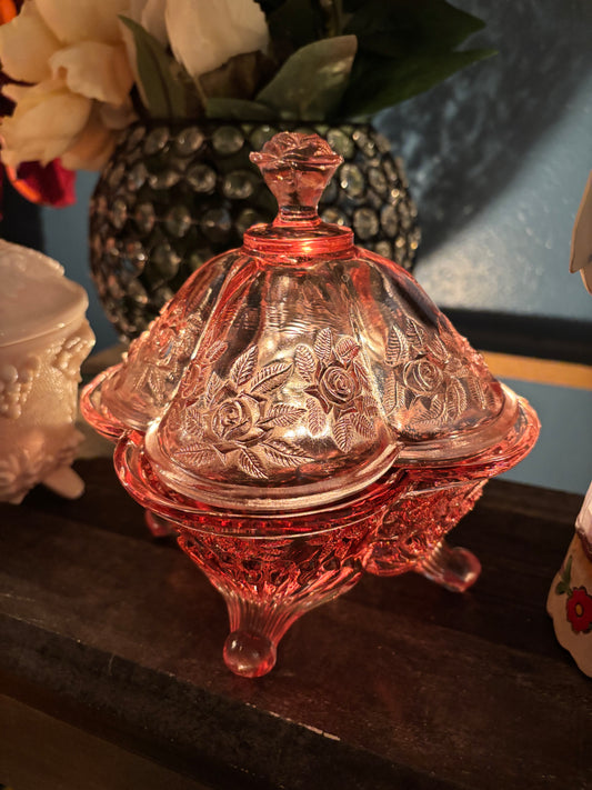Vintage Footed Rose Pattern Candy Dish – Pink Depression Glass, 3-Section w/ Lid
