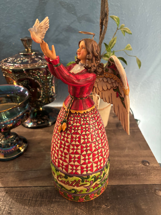 ✨ Peace on Earth Angel Figurine – Quilted Red Holiday Dress | 10” Tall