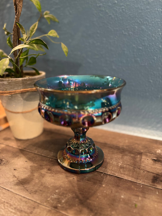 Vintage Iridescent Carnival Glass Compote – Pedestal Bowl – 5.5” Tall