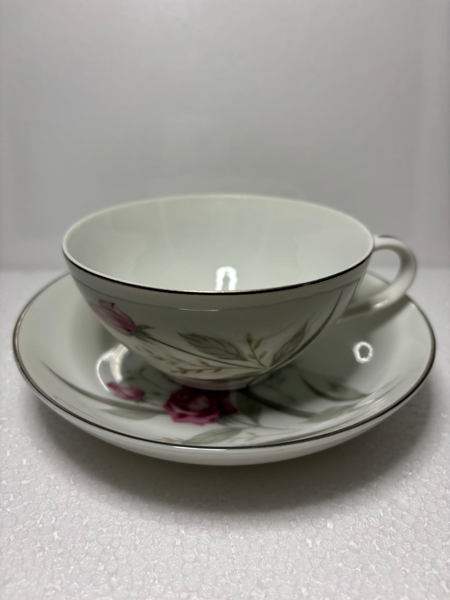 Windsor Rose Fine China Teacup & Saucer Set – Pink Rose with Silver Trim