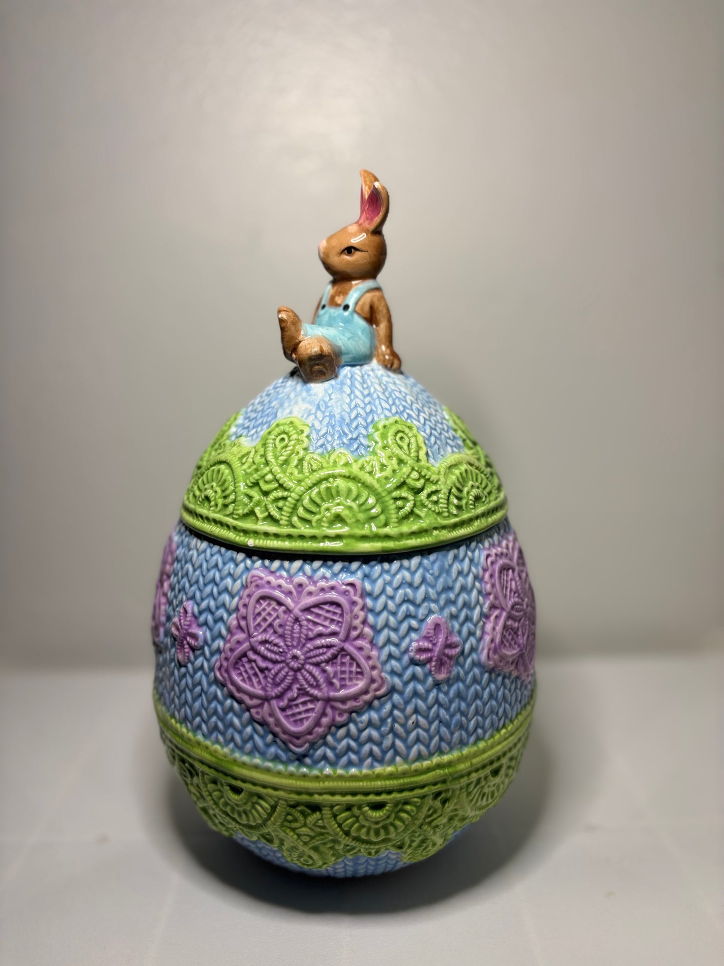 Whimsical Bunny on Knit-Patterned Egg – Spring Easter Décor – 11.5” Tall