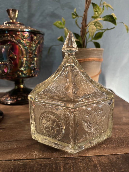 Pressed Glass Hexagonal Trinket Box with Lid – Vintage Star & Leaf Pattern | 6” Tall