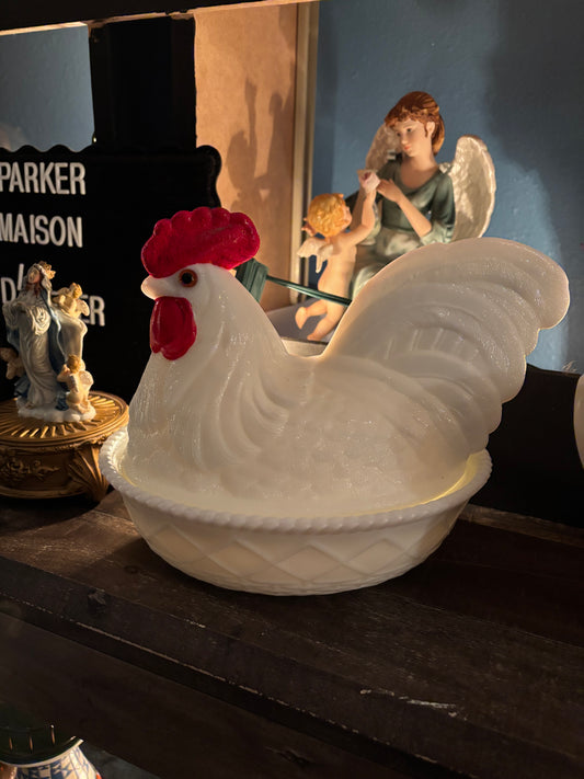 Vintage Milk Glass Hen on Nest Dish – 9" Collectible Candy Bowl with Red Comb