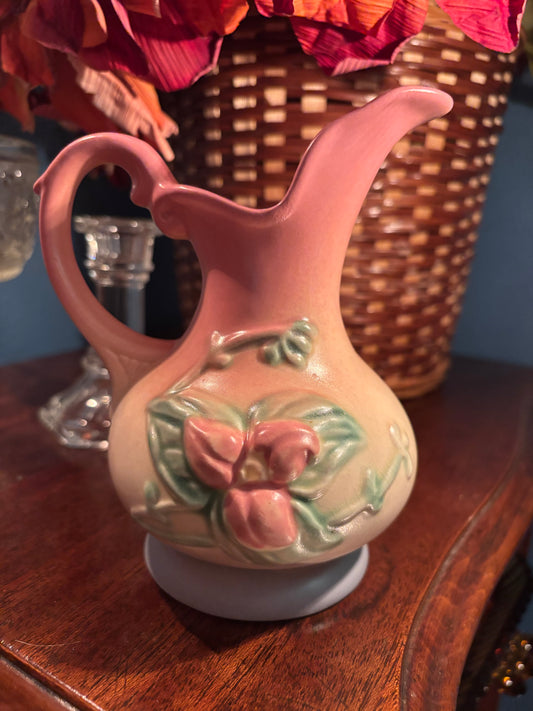 Vintage Roseville Style Pink & Cream Floral Embossed Ewer Vase – 6” Tall