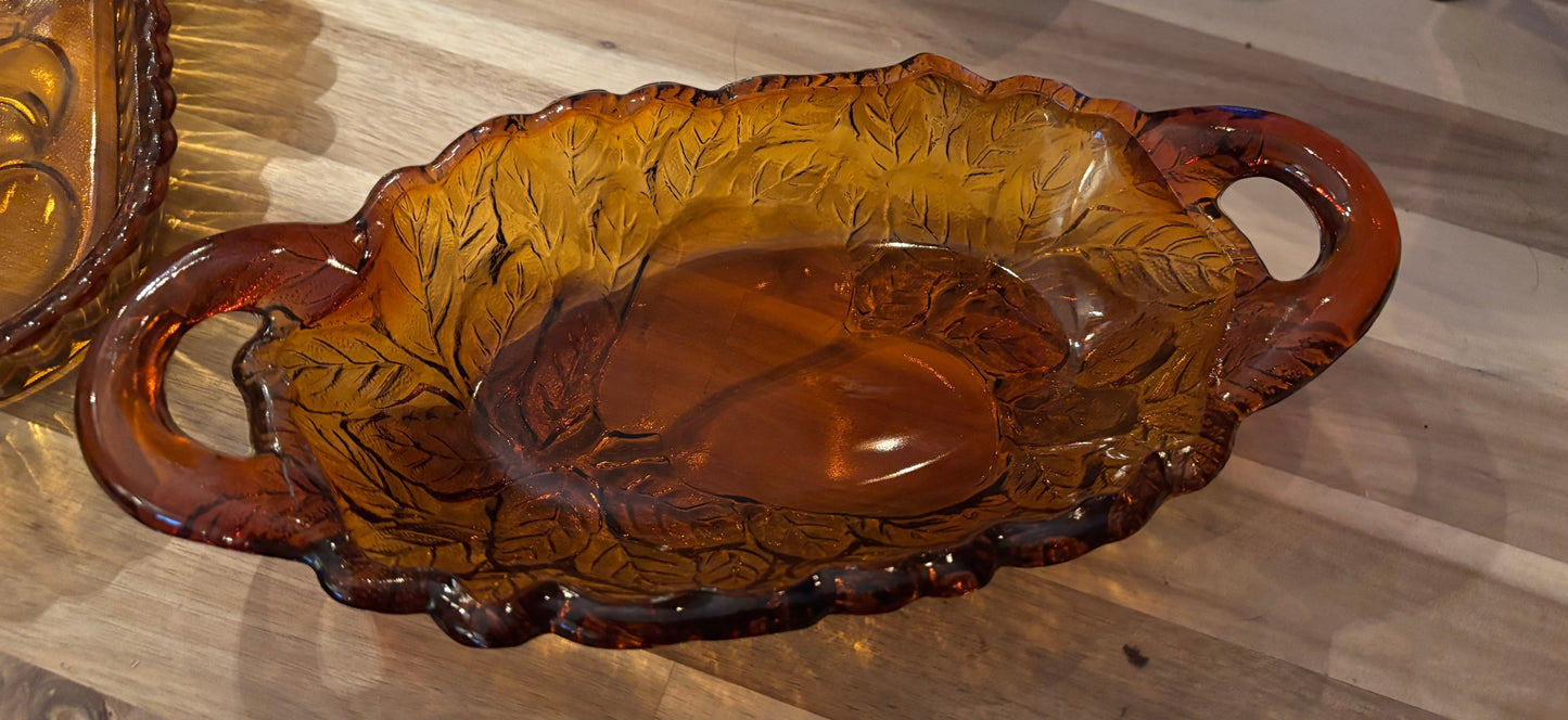 Vintage Amber Glass Leaf Dish – Twin Leaf Design with Handles | 9” Long