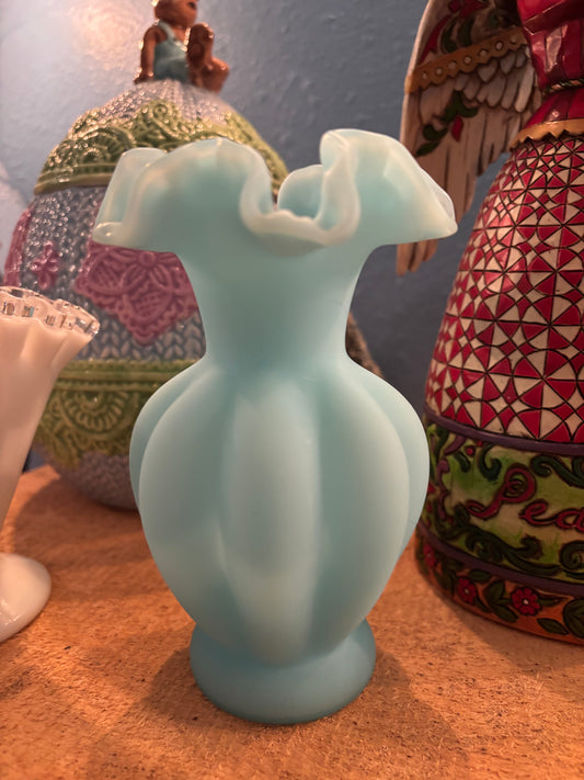 Vintage Fenton Style Blue Satin Glass Ruffled Vase – 6" Tall Melon Panel Design