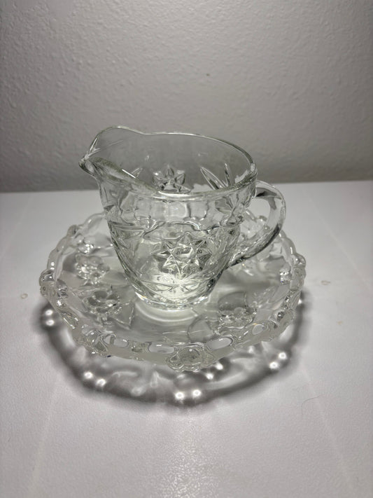 Vintage Pressed Glass Creamer & Plate Set – Floral Pattern – Small Pitcher & Tray