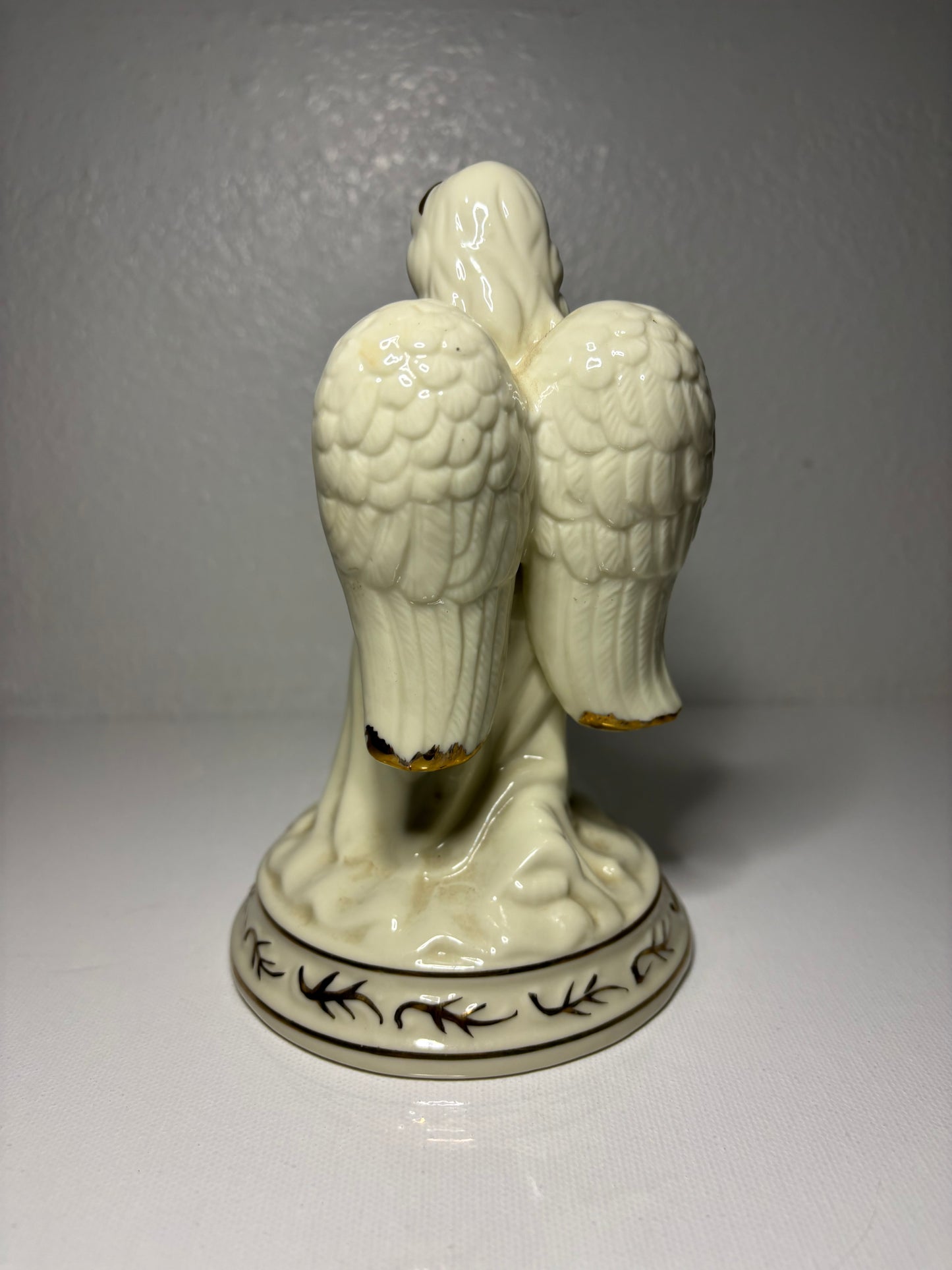 Vintage Porcelain Kneeling Angel Figurine – Ivory with Hand-Painted Accents | 7” Tall