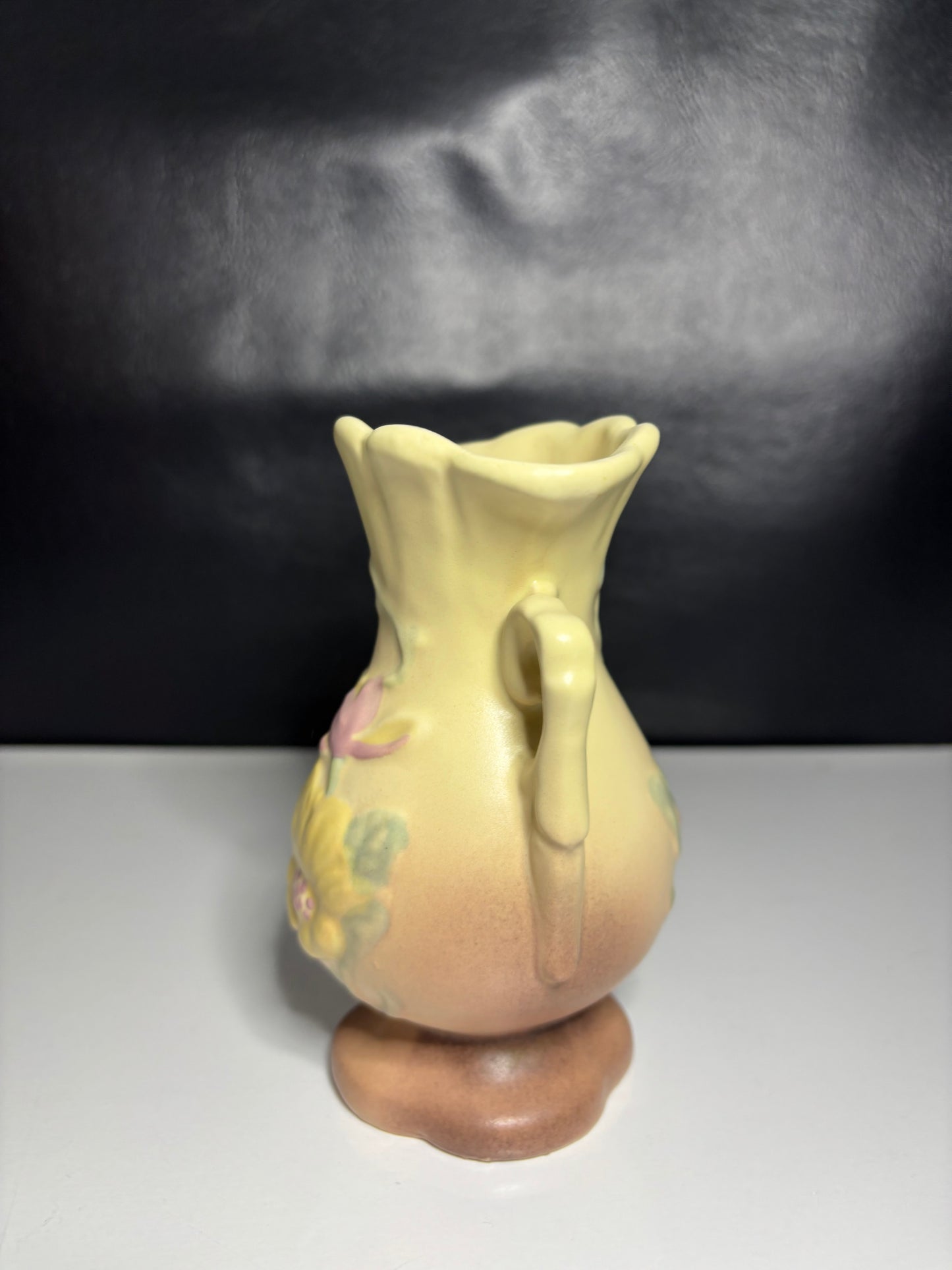 Vintage Hull Style Matte Pottery Vase – 5" Tall Floral Relief with Handles