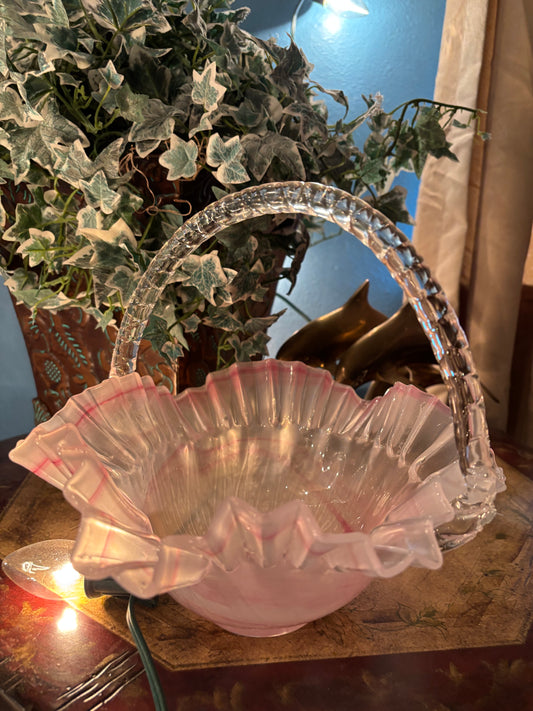 Vintage Pink Ruffled Glass Basket with Twisted Handle – 9”