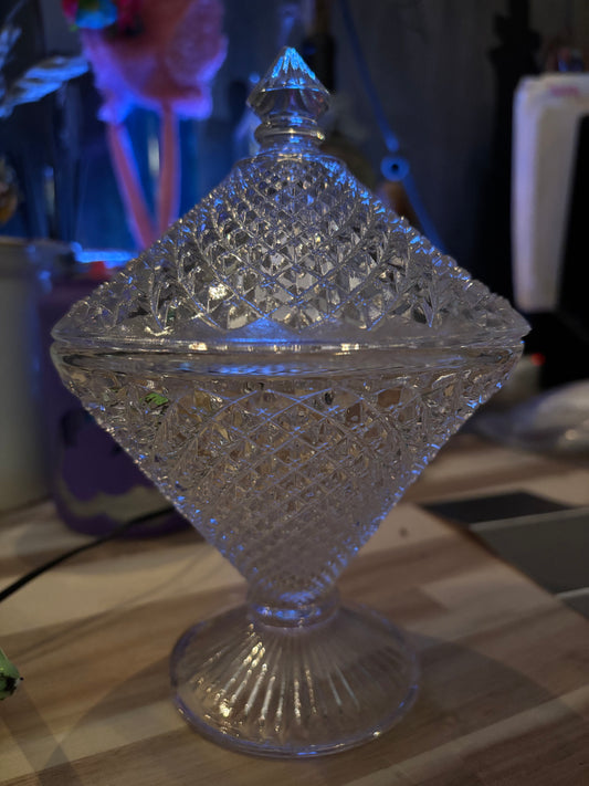 Vintage Diamond Point Pressed Glass Pedestal Candy Dish with Lid – Hourglass Shape