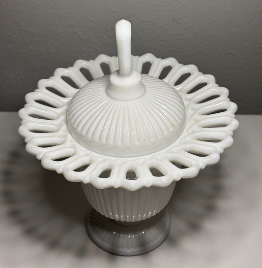 Vintage Milk Glass Lidded Compote with Open Lace Edge – 8" Tall