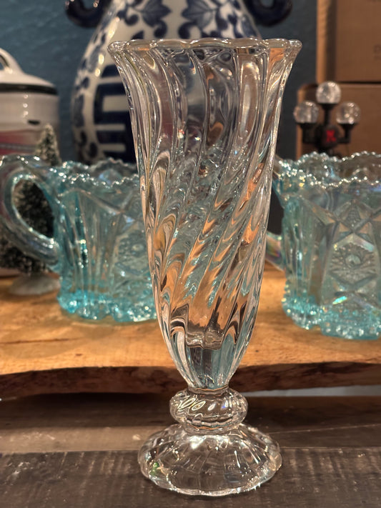 Vintage Swirl Pressed Glass Bud Vase – 6.5" Tall, Pedestal Base