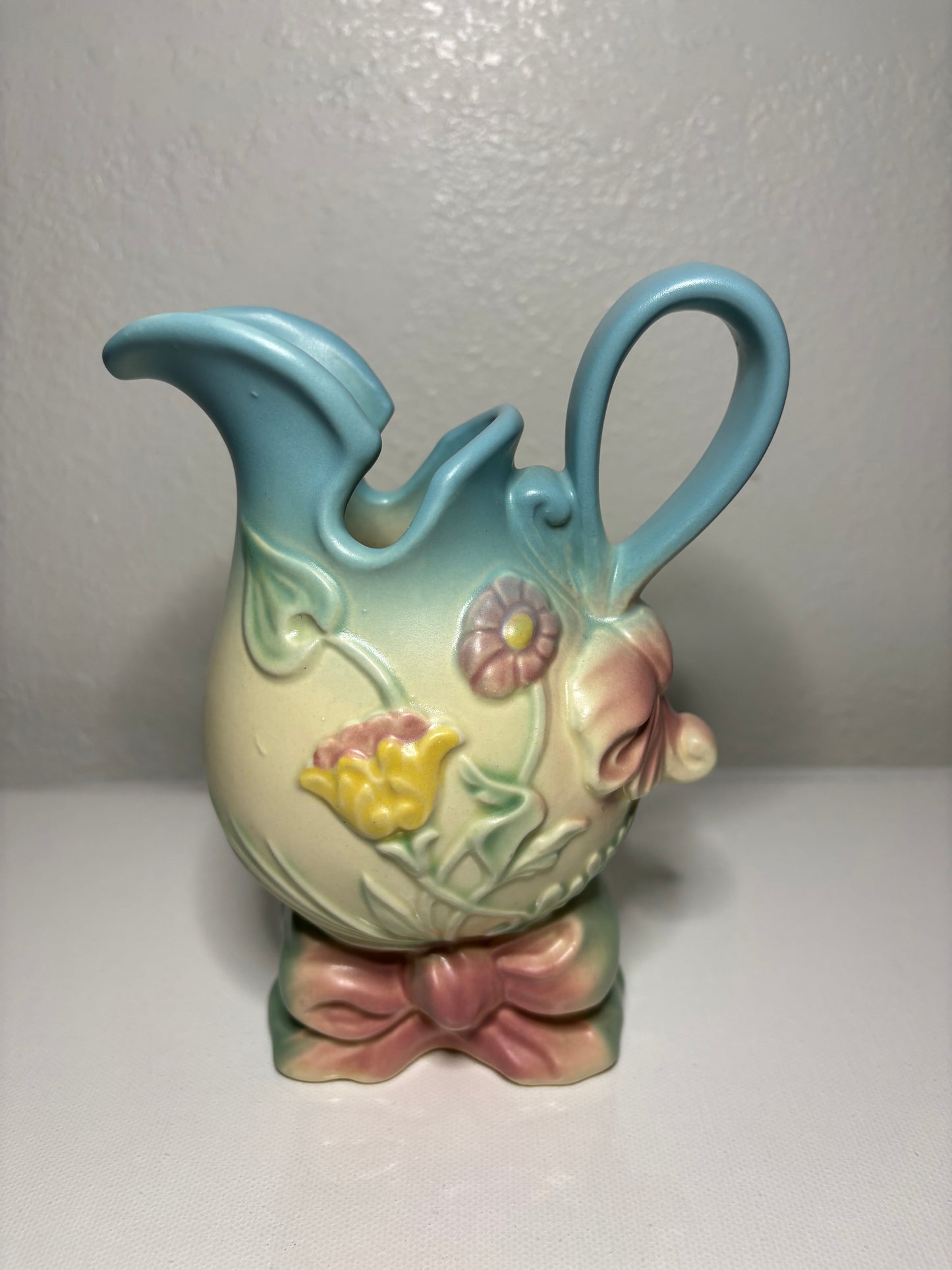 Vintage Pastel Floral Pitcher Vase – Ribbon Base & Embossed Flowers | 7” Tall