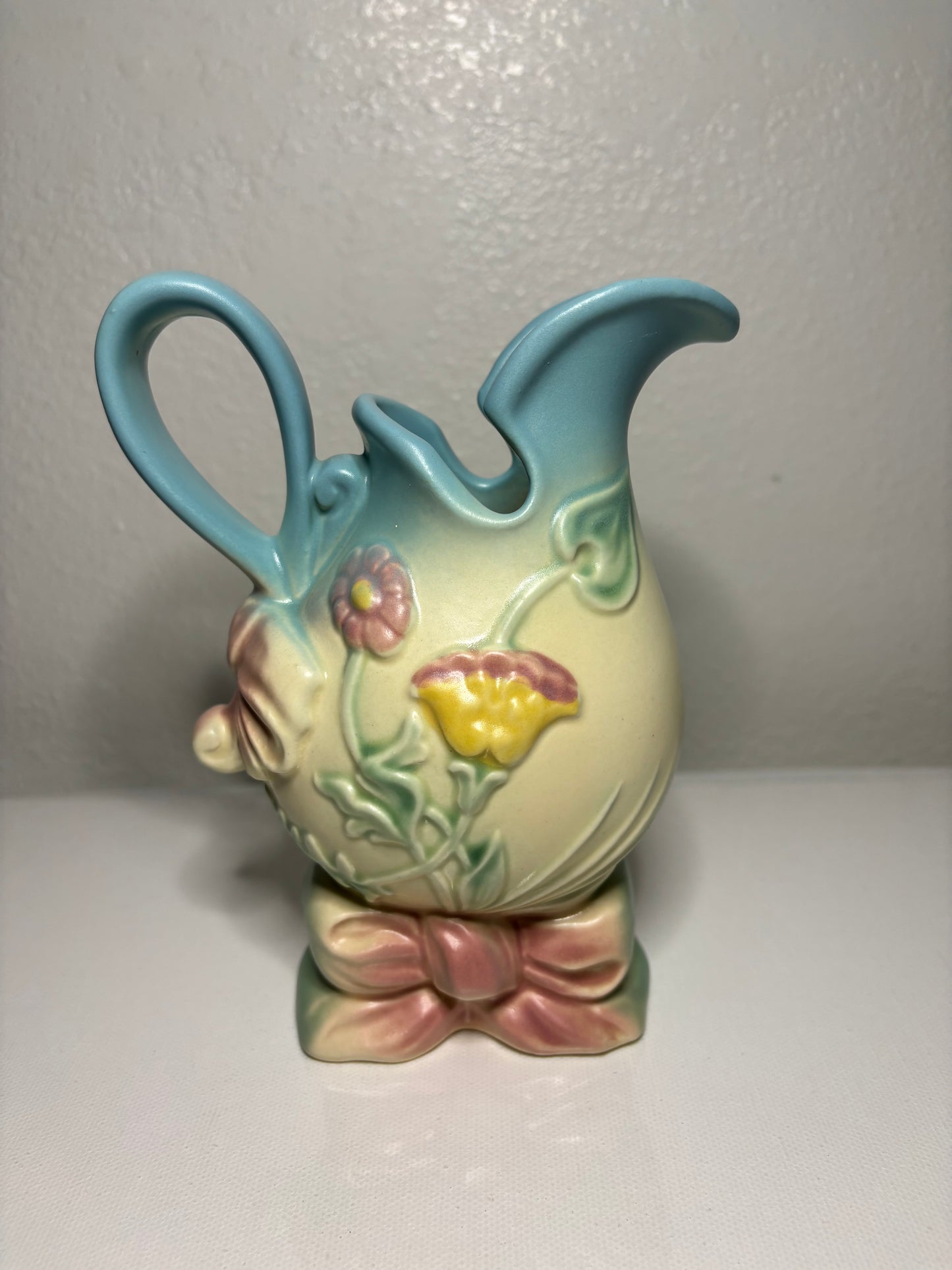 Vintage Pastel Floral Pitcher Vase – Ribbon Base & Embossed Flowers | 7” Tall