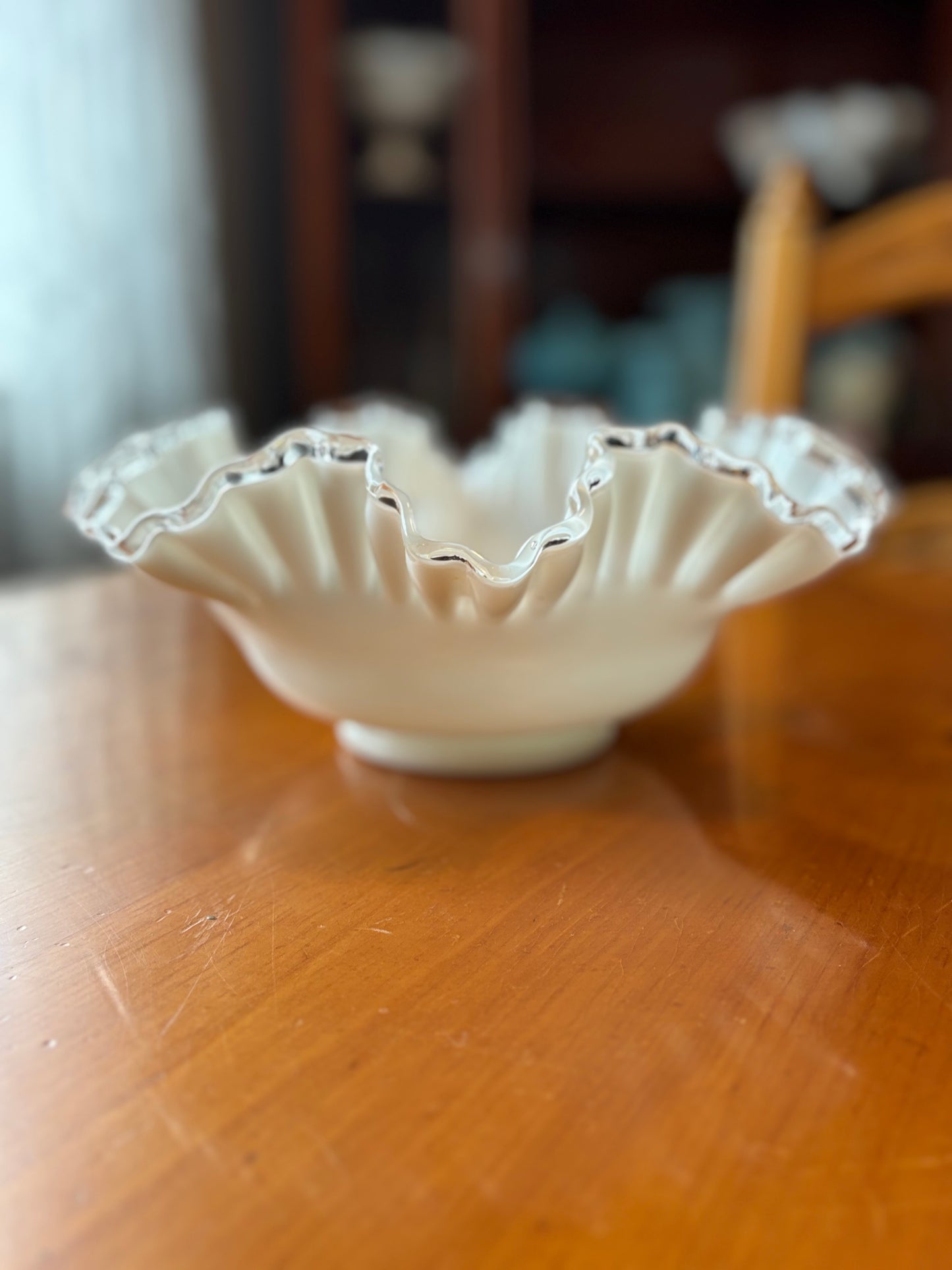 Vintage Fenton Milk Glass Ruffled Bowl – 11" Silver Crest Crimped Edge