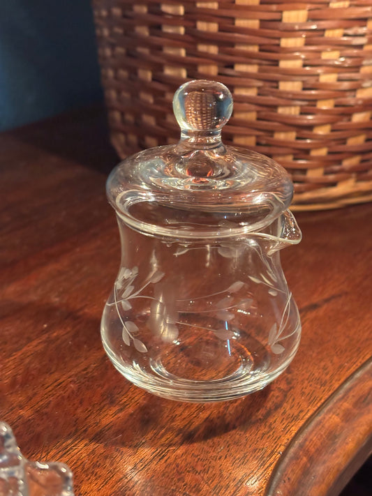 Vintage Etched Glass Condiment Jar with Lid – 4" Tall