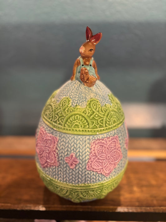 Whimsical Bunny on Knit-Patterned Egg – Spring Easter Décor – 11.5” Tall