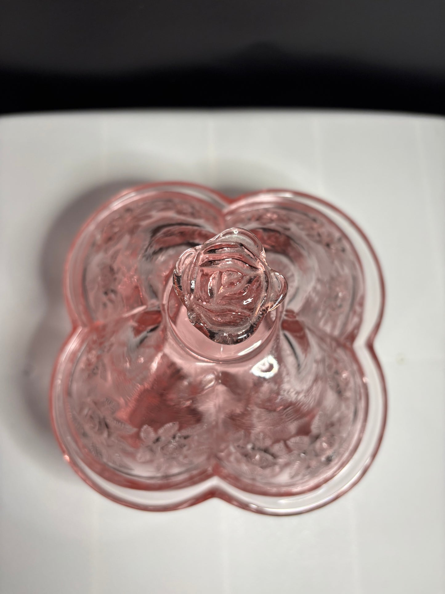 Vintage Footed Rose Pattern Candy Dish – Pink Depression Glass, 3-Section w/ Lid
