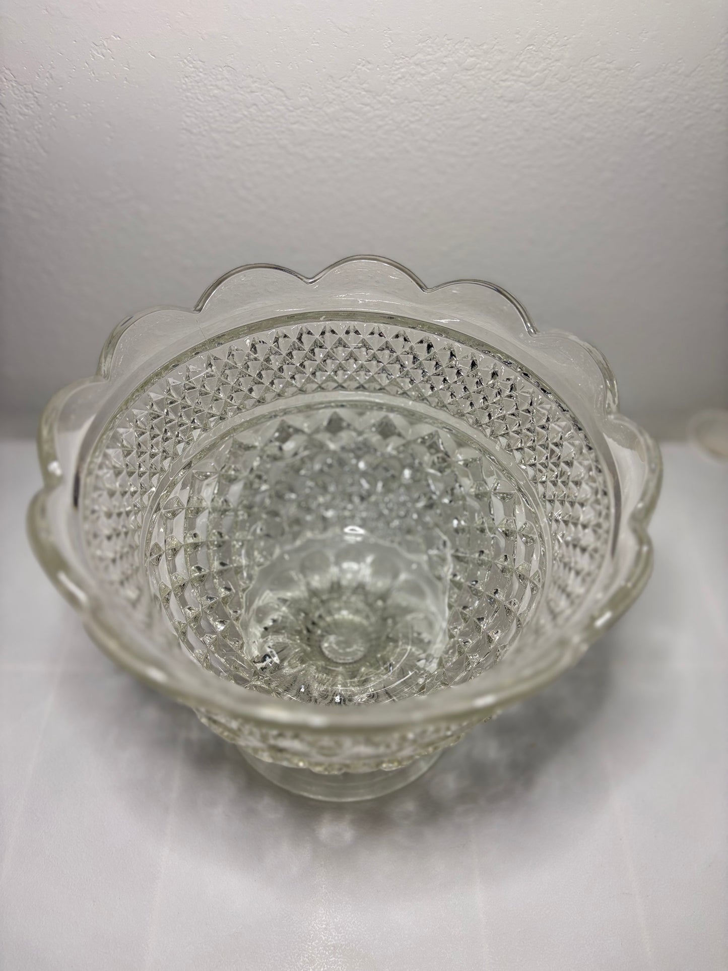Large Vintage Pressed Glass Compote – Diamond & Crosshatch Pedestal Bowl (8”)