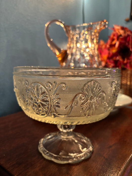 Vintage Pressed Glass Compote Pedestal Bowl – 6.5” Floral & Scroll Design