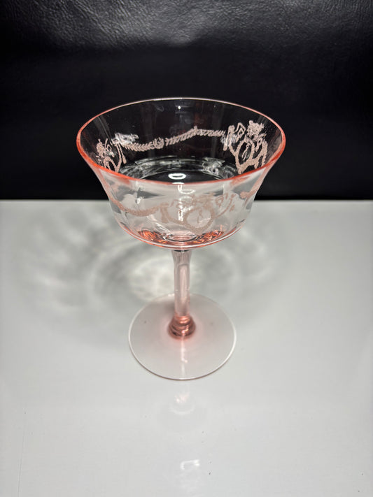 Vintage Pink Depression Glass Etched Stemmed Sherbet Glass – Floral Design *
