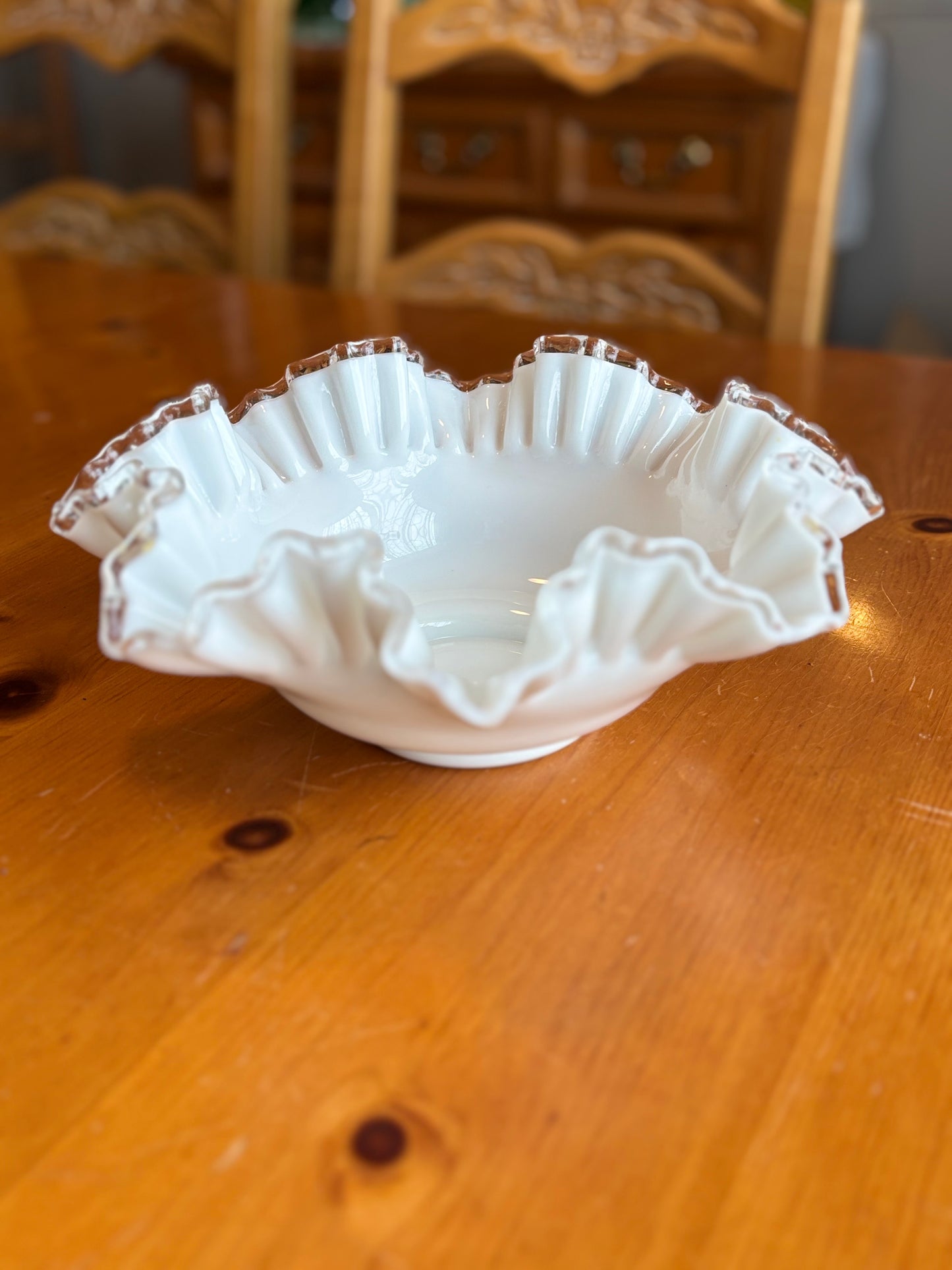 Vintage Fenton Milk Glass Ruffled Bowl – 11" Silver Crest Crimped Edge