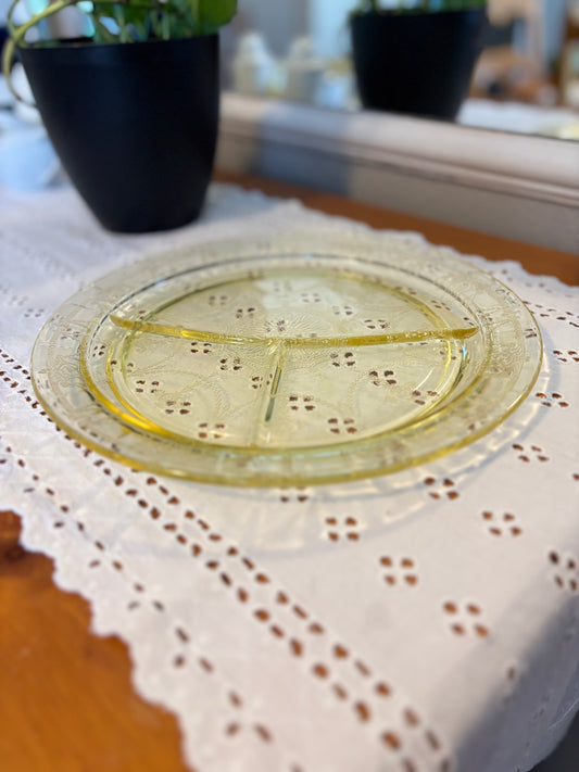 Vintage Lemon Yellow Depression Glass Divided Dinner Plates