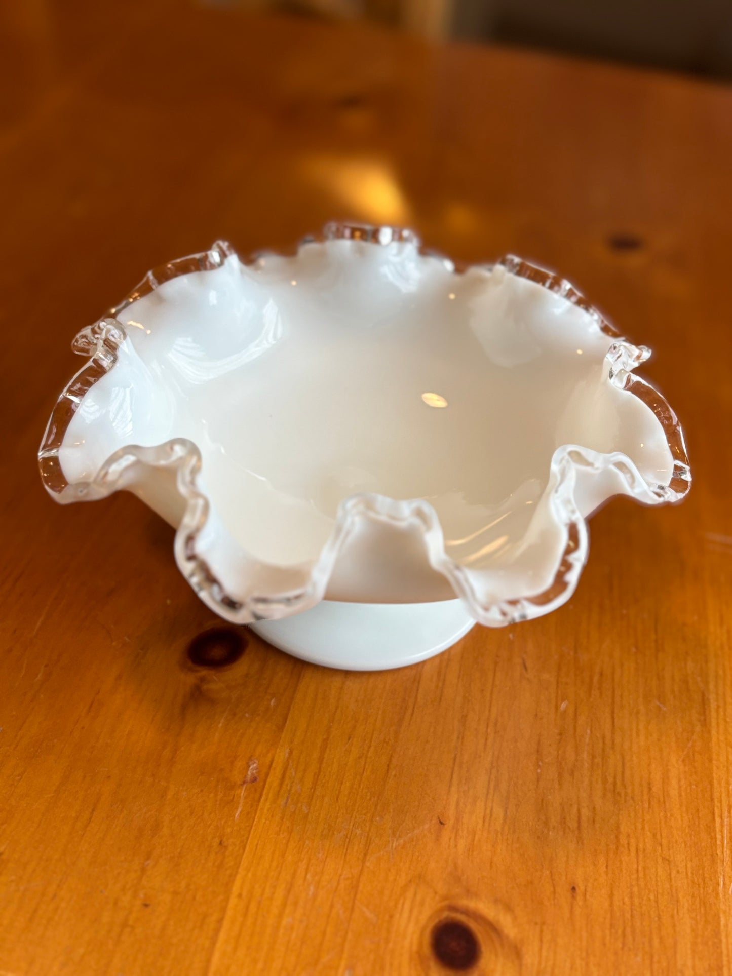 Vintage Fenton Milk Glass Compote Dish – Silver Crest Ruffled Edge *