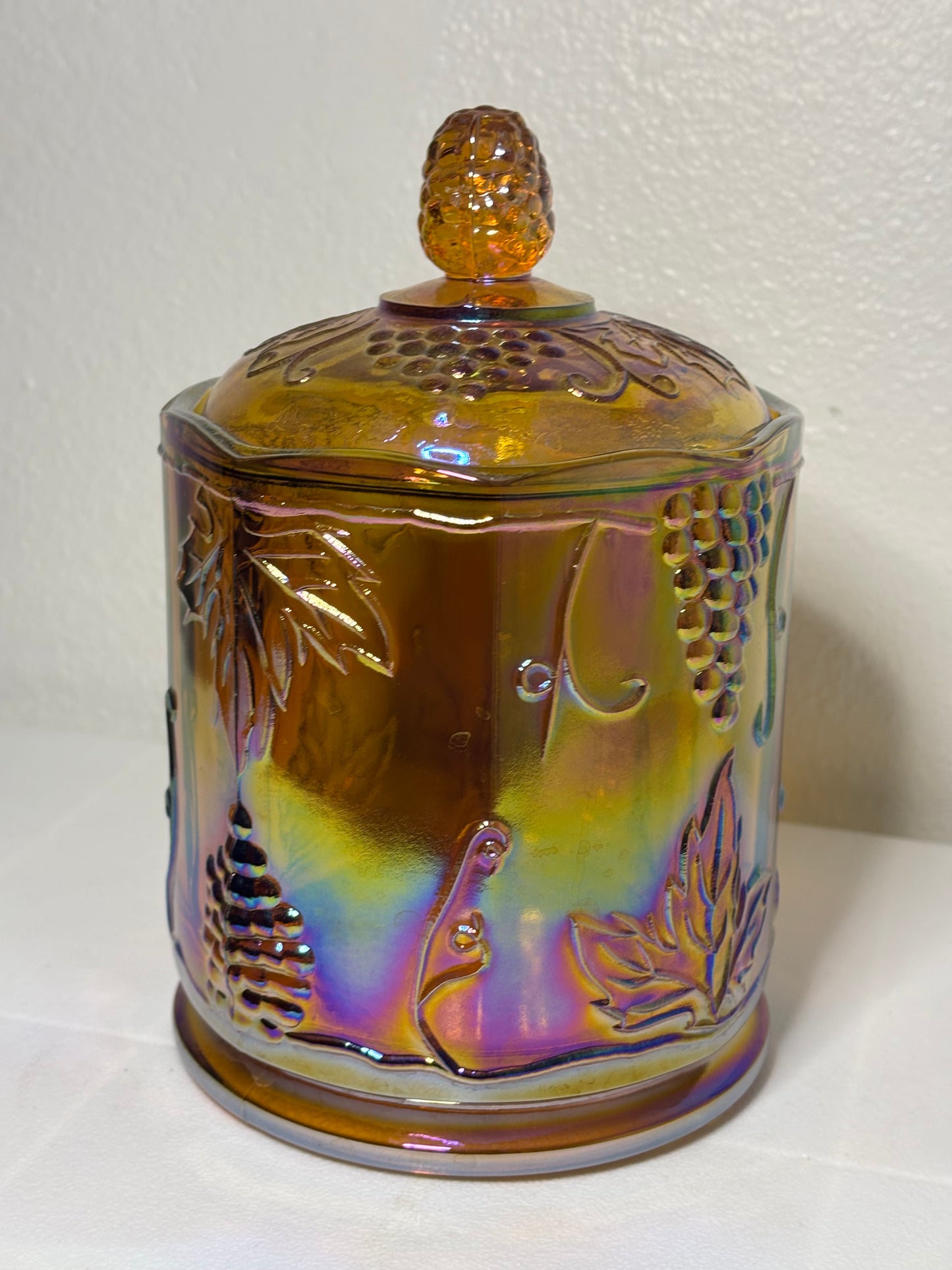 Vintage Iridescent Carnival Glass Canister Jar – Harvest Grape – 8" Tall