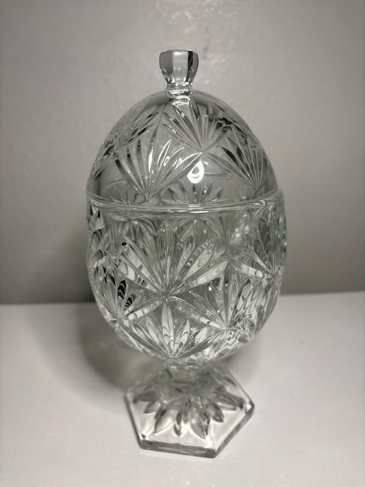 Vintage Pressed Glass Lidded Candy Dish – Pedestal Egg Jar, 9" Tall
