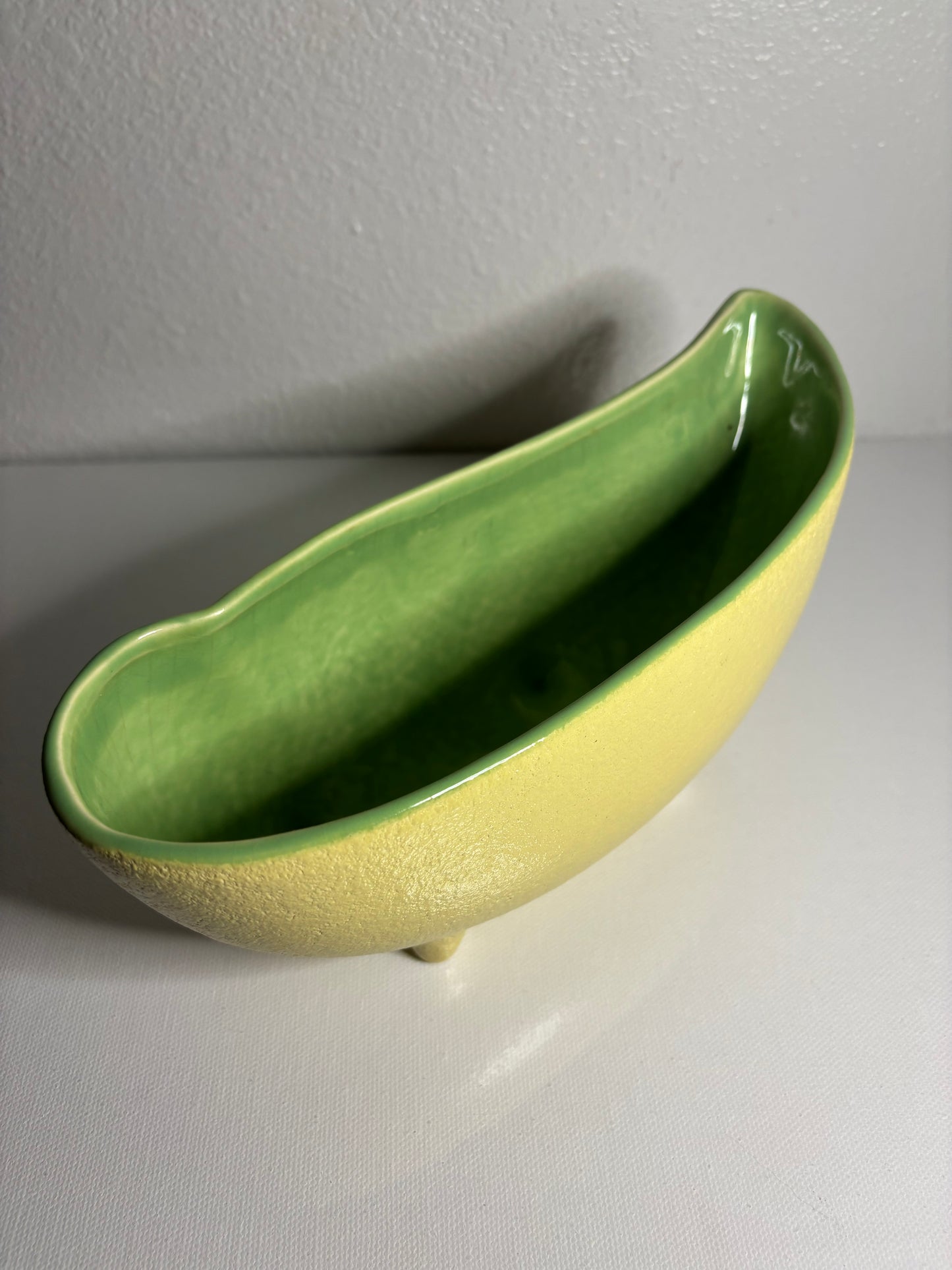 Mid-Century Modern Planter Bowl – Textured Yellow with Glossy Green Interior | 9” Long