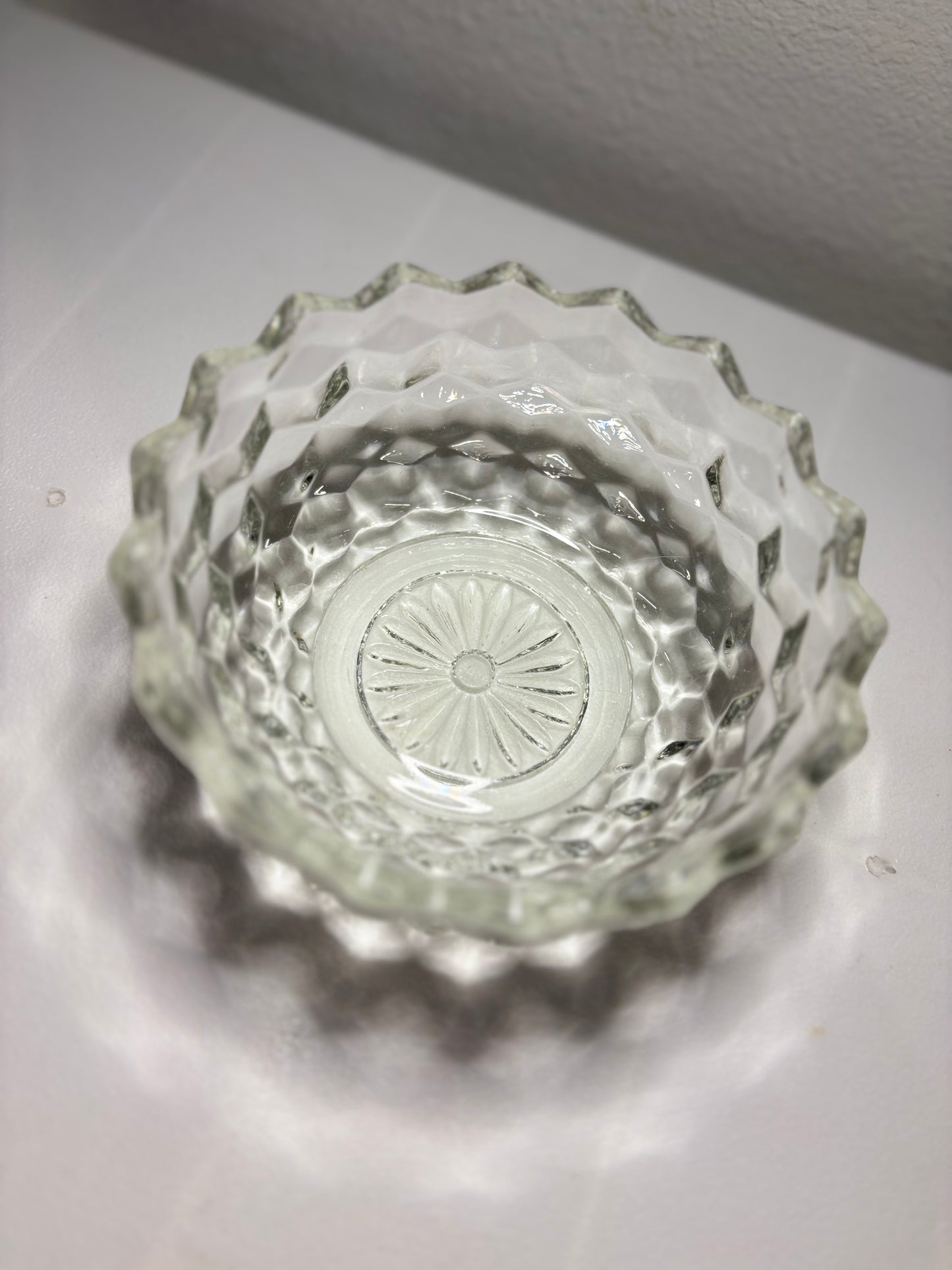 Vintage Cubist Pressed Glass Bowl – Scalloped Rim (5.5”)