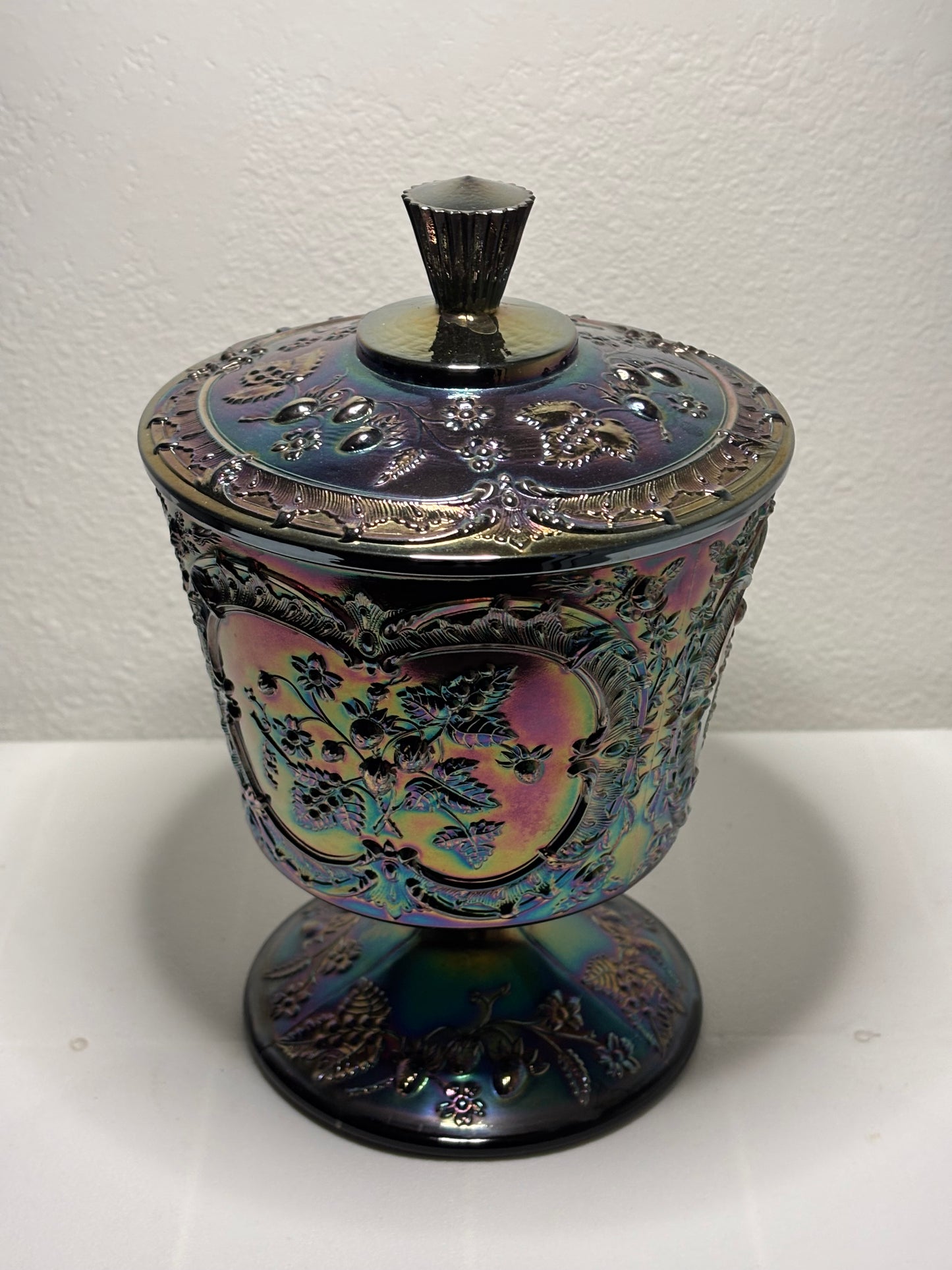 Large Iridescent Carnival Glass Lidded Compote – 9.5" Tall – Vintage Grape Motif
