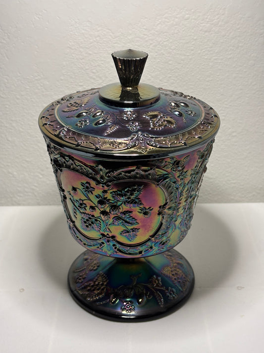 Large Iridescent Carnival Glass Lidded Compote – 9.5" Tall – Vintage Grape Motif