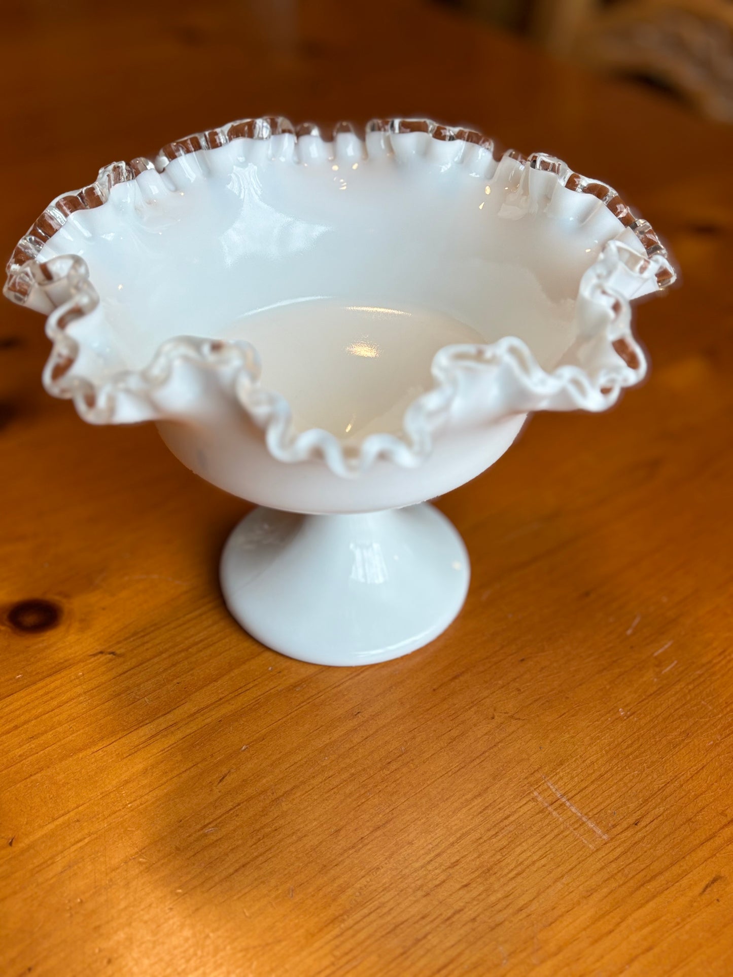 Vintage Fenton Milk Glass Pedestal Compote – 8" Silver Crest Ruffled Edge *