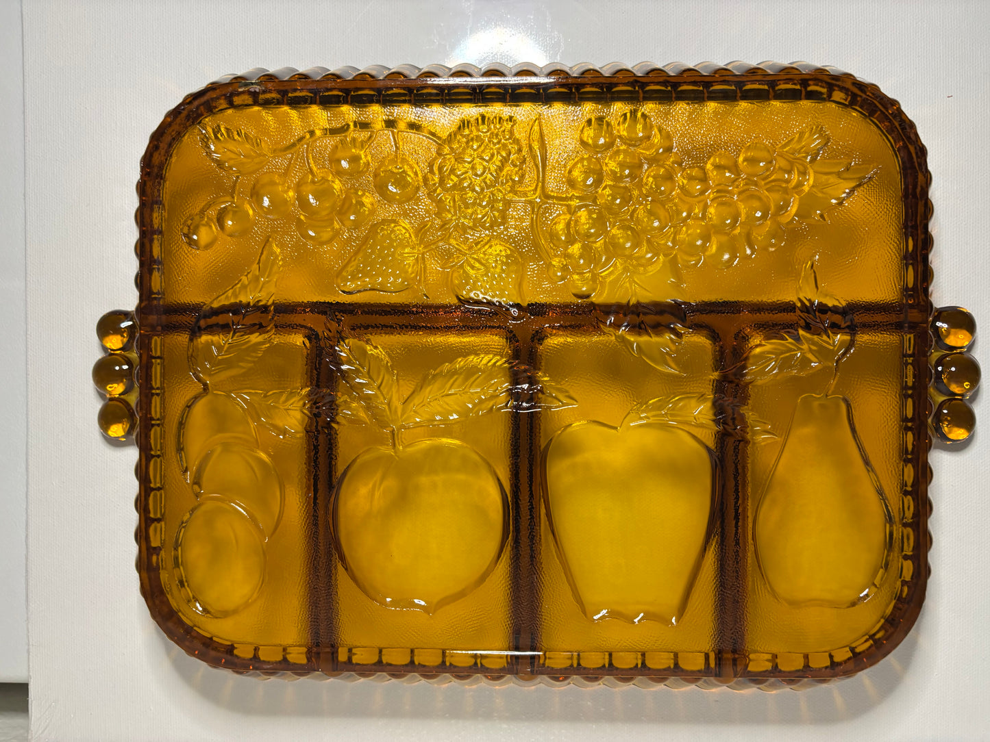 Vintage Amber Divided Glass Serving Tray – Fruit Motif | 13” x 9”