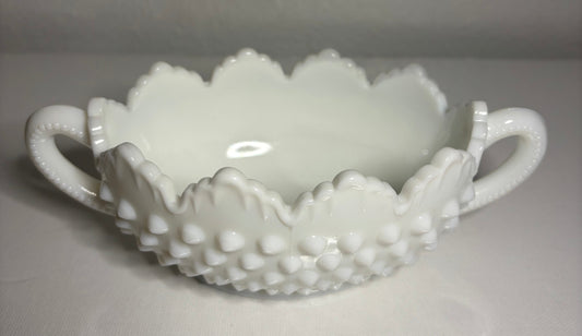 Vintage Milk Glass Candy Dish with Double Handles – Hobnail Diamond Pattern
