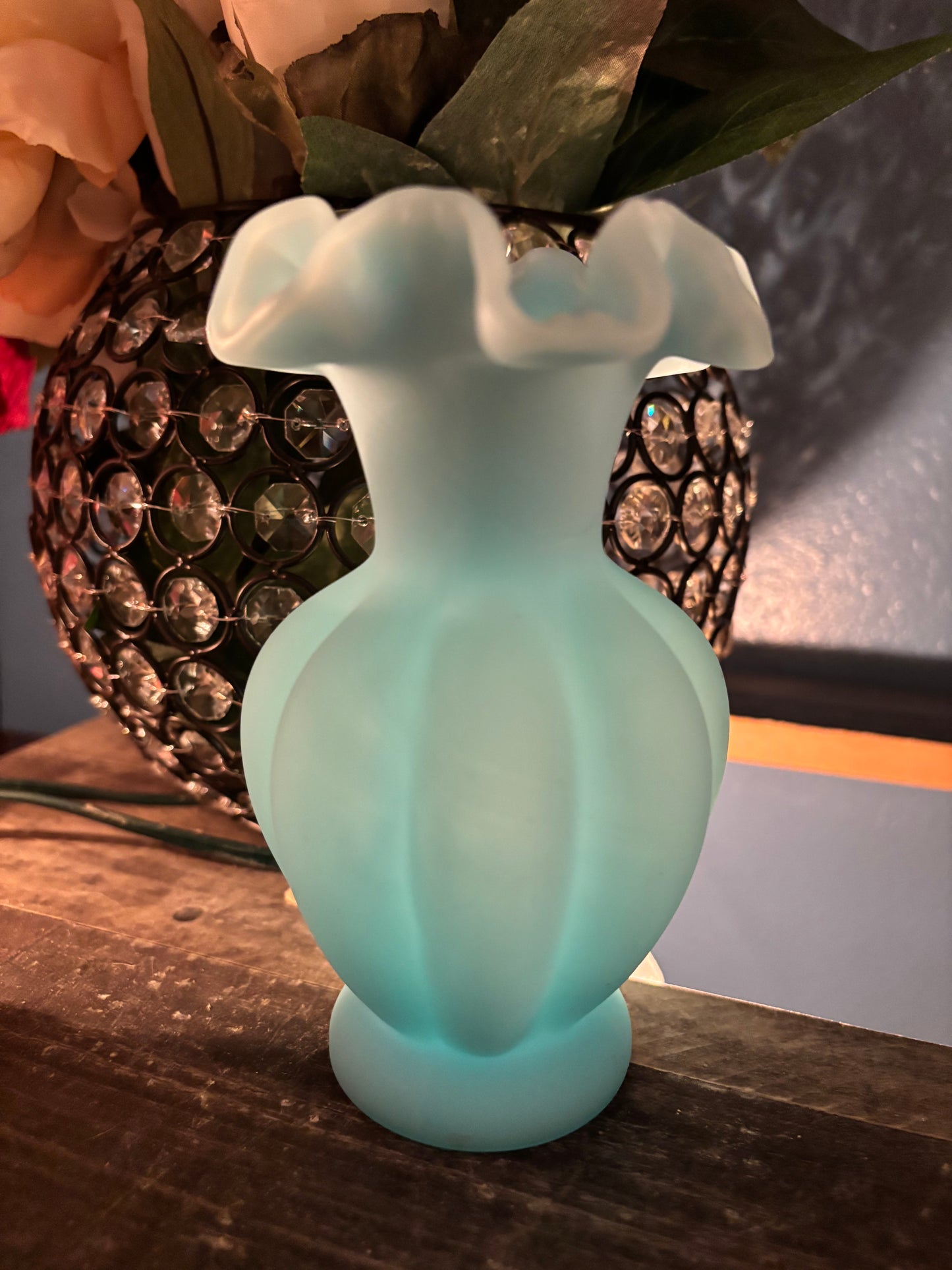 Satin Blue Ruffled Vase – Vintage Handcrafted Art Glass, 6"