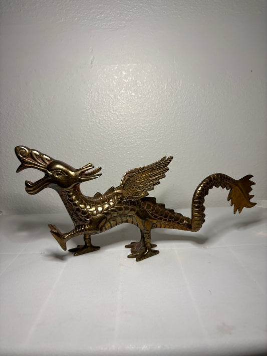 Vintage Solid Brass Winged Dragon Figurine – 12” Long – Mythical Decor