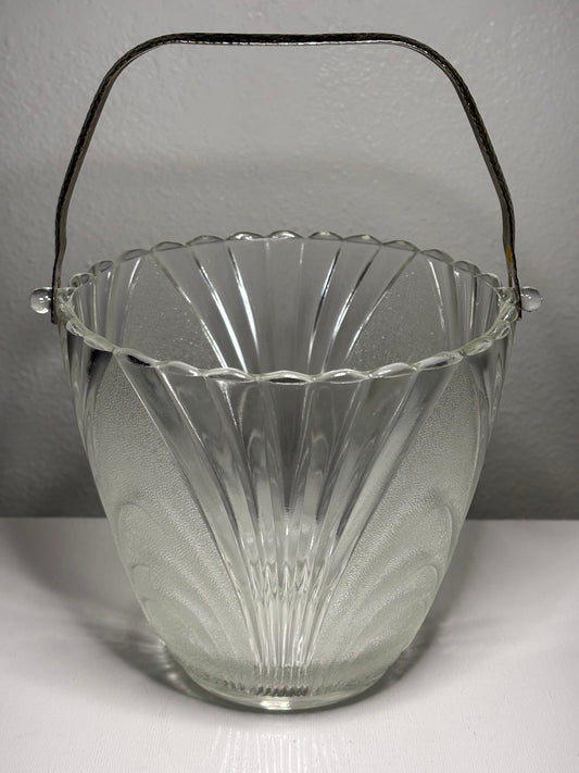 Vintage Clear Glass Ice Bucket with Metal Handle – Art Deco Style