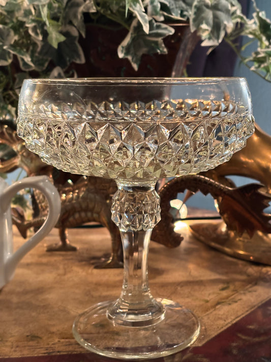 Vintage Pressed Glass Pedestal Compote – Diamond Point Bowl, 7.5" Tall