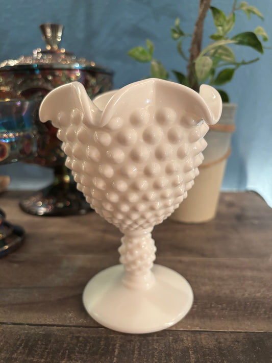 Vintage Milk Glass Hobnail Compote Goblet – Ruffled Edge | 5.5” Tall