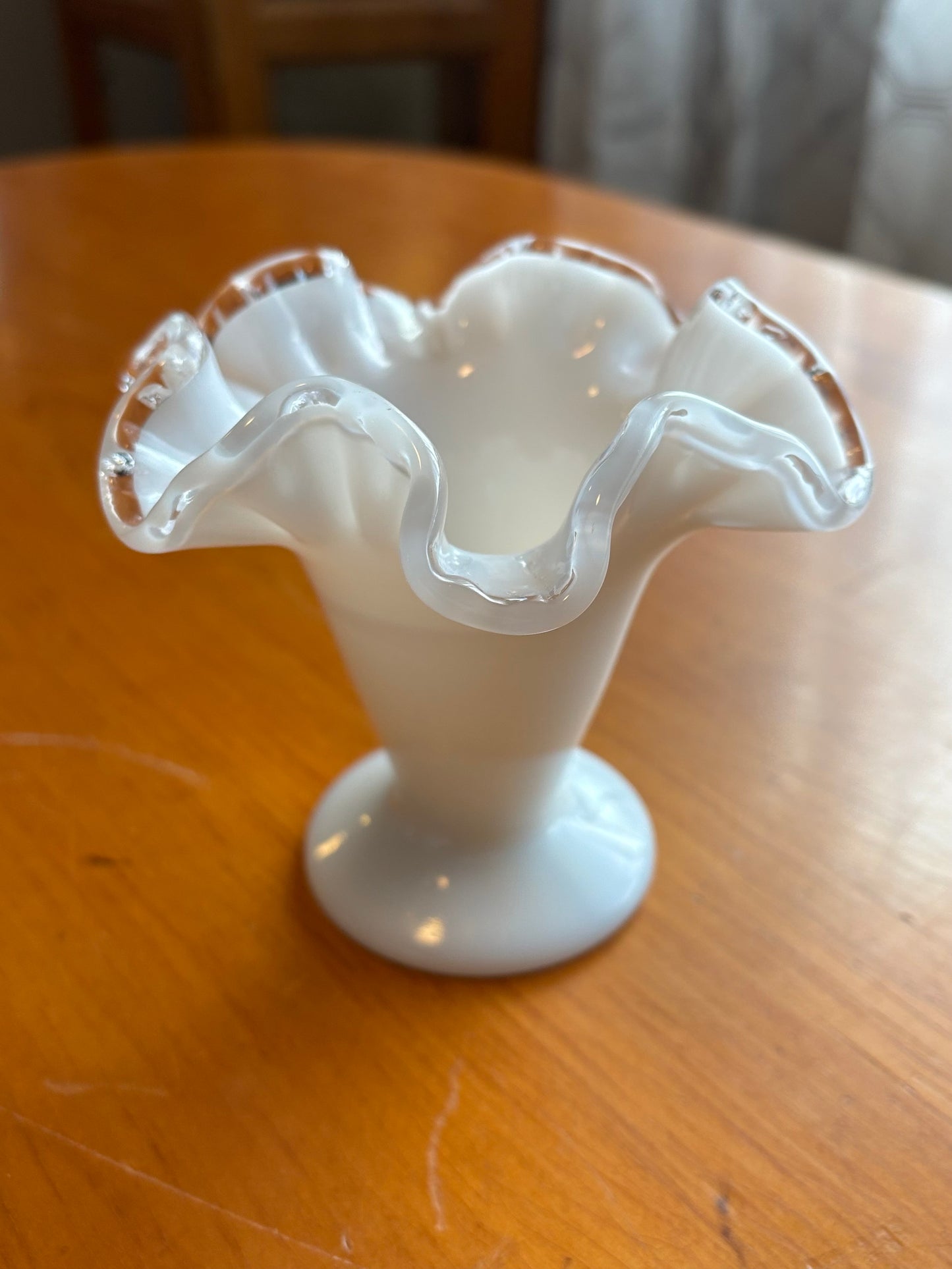 Vintage Fenton Milk Glass Mini Vase – 4" Silver Crest Ruffled Edge