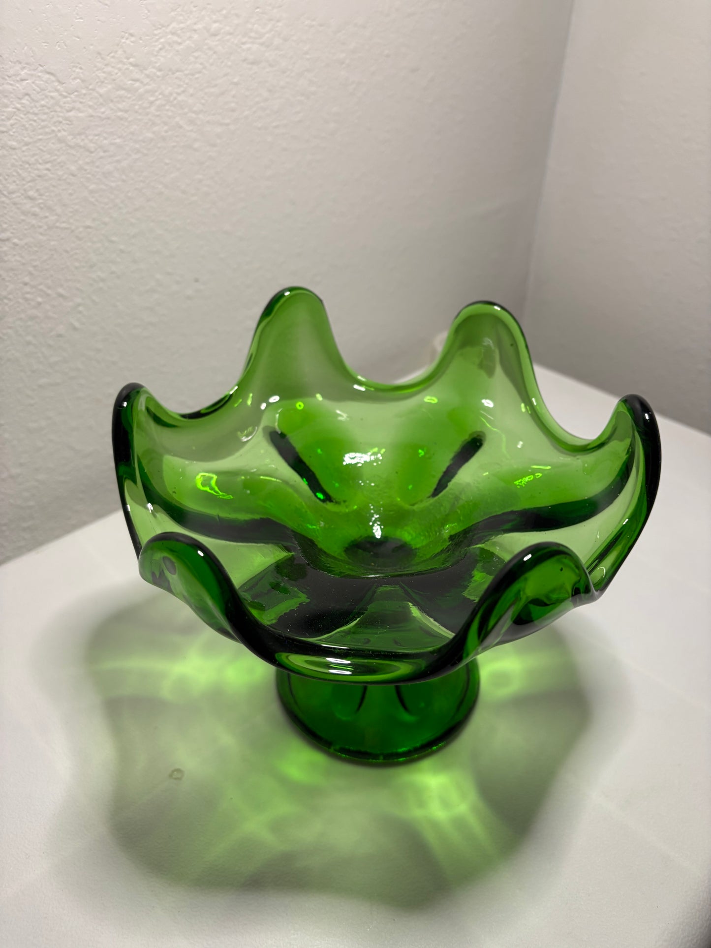 Vintage Green Glass Compote & Plate Set – Mid-Century Pedestal Bowl & Etched Plate