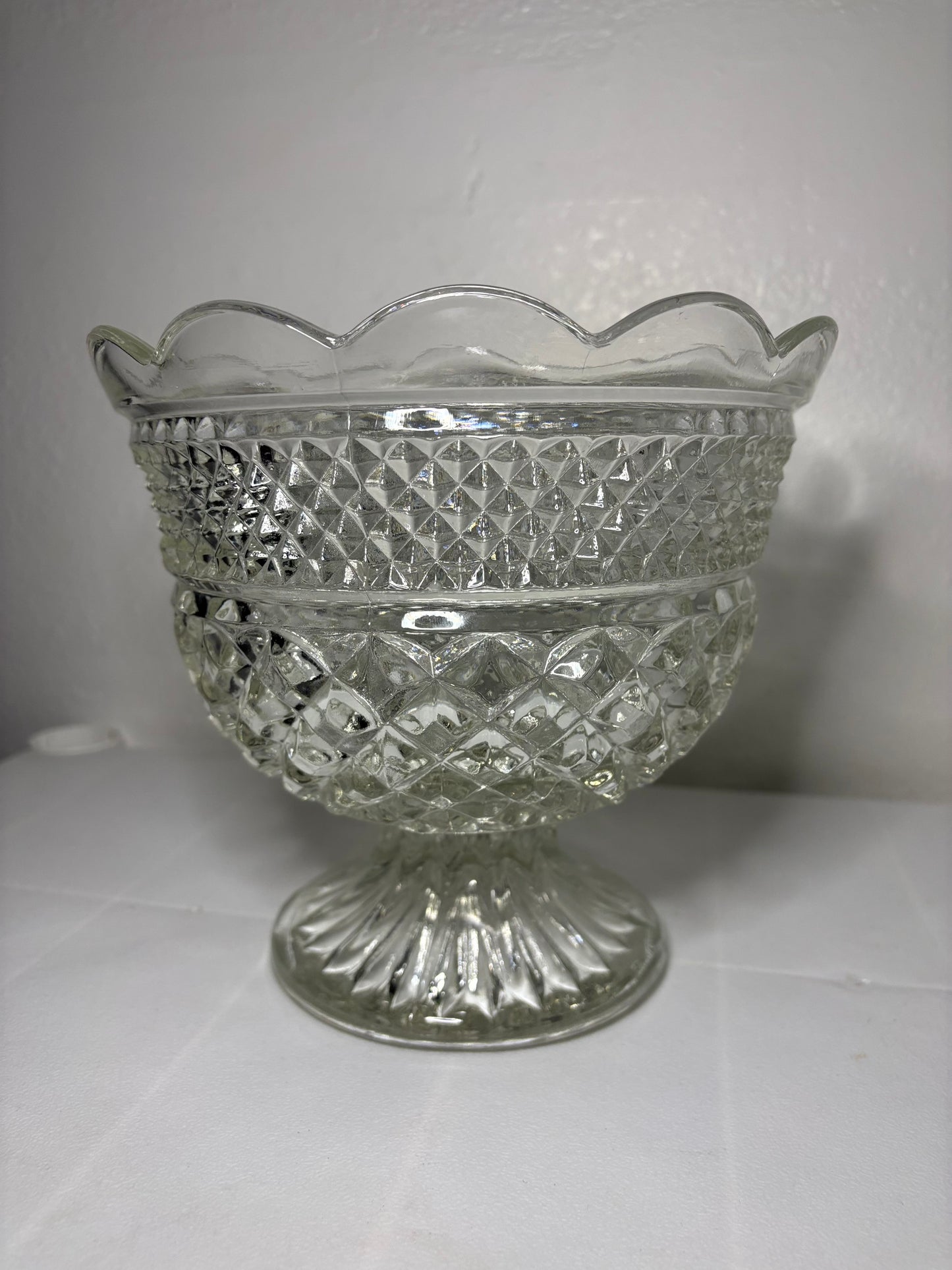 Large Vintage Pressed Glass Compote – Diamond & Crosshatch Pedestal Bowl (8”)