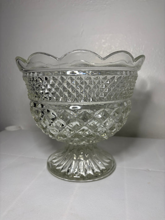 Large Vintage Pressed Glass Compote – Diamond & Crosshatch Pedestal Bowl (8”)