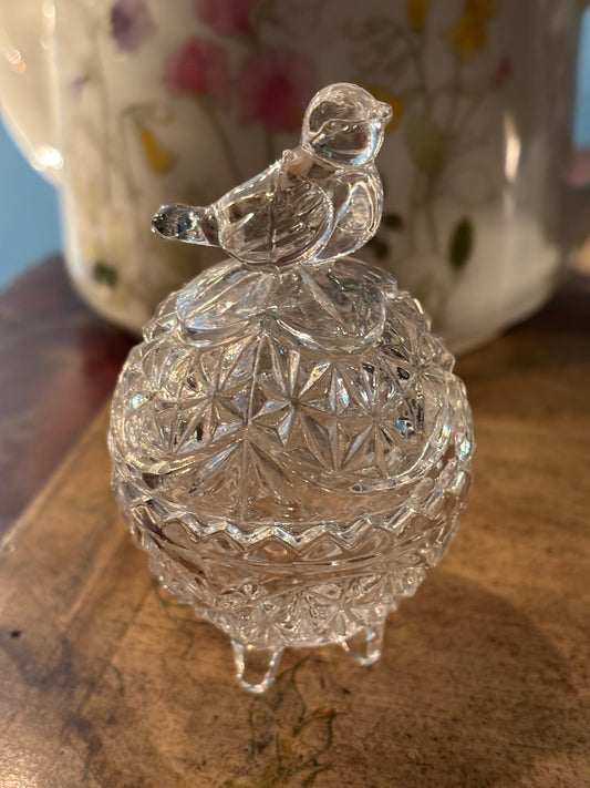 Vintage Pressed Glass Trinket Box with Bird Finial – Lidded Decorative Dish
