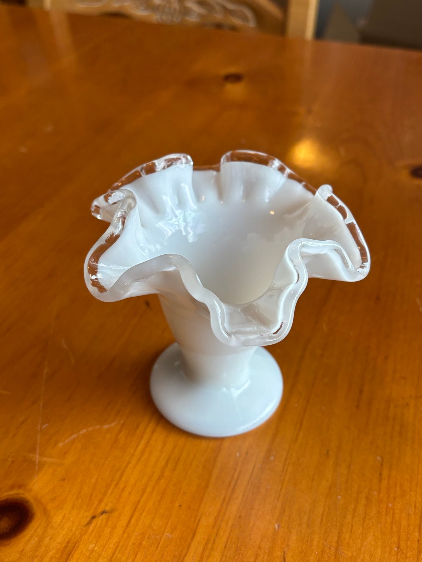 Vintage Fenton Milk Glass Mini Vase – 4" Silver Crest Ruffled Edge